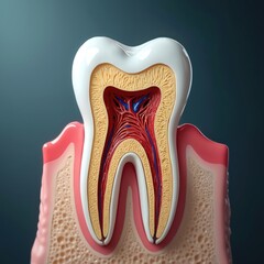 Detailed cross section of human tooth featuring pulp root anatomy and gum. Dental health illustration provides surgical care information. It is ideal for education.