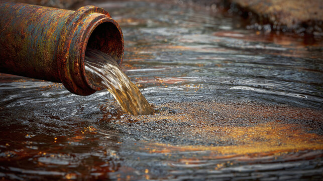 A pipe spilling polluted water into a river, a metaphor for environmental damage and industrial waste