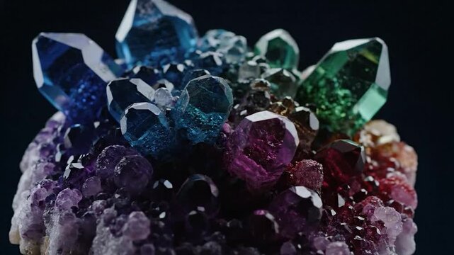A cluster of vibrant, multi-colored crystals glistens against a dark background