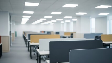 Modern office cubicle workspace with gray and beige dividers