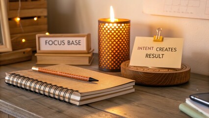 Cozy workspace with motivational decor, stationary, candle, and warm light creating an inspirational atmosphere