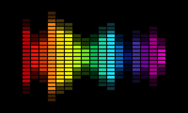 rainbow colored graphic equalizer, colorful sound wave on black background, amplifier frequency levels illustration, audio volume indicator vector illustration