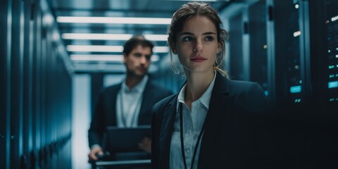 Young woman in business attire managing data server room while male colleague pushes equipment on cart, showcasing modern technology and teamwork in action.