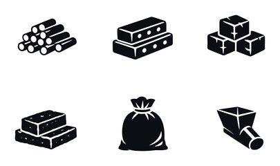 Black and white icons of building materials: logs, bricks, concrete, stone, bag, pipe