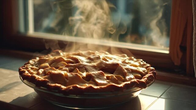 Freshly Baked Apple Pie Steaming on a Windowsill.
