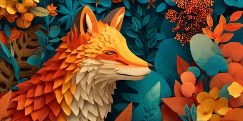 Obraz premium Vibrant Paper Art Fox with Autumn Leaves and Nature Elements for Creative and Artistic Projects in Modern Design