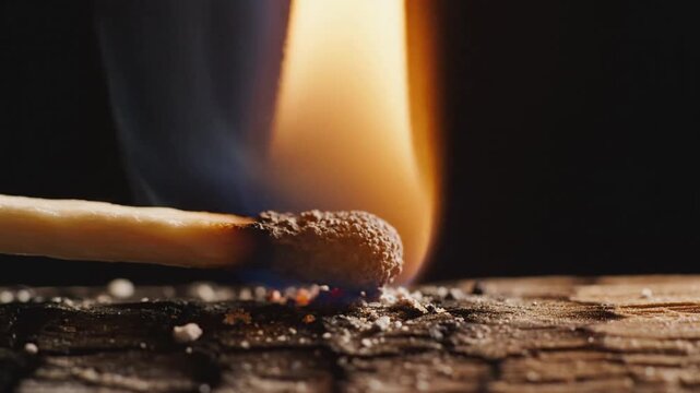 Burning matchstick on a wooden surface with flame.