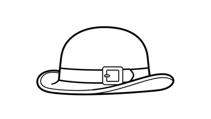 Fototapeta premium Simple black and white line art drawing of a classic bowler hat with a buckle strap isolated on a plain white background for style.