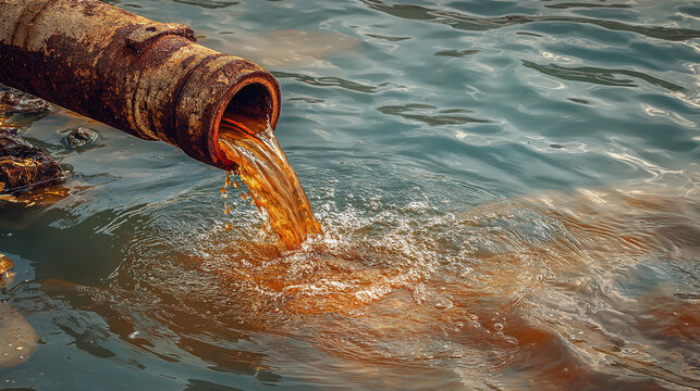 The harmful pollution flowing from a rusty pipe into the water, highlighting environmental issues