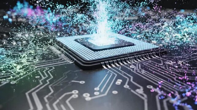 Circuit board with glowing data flow