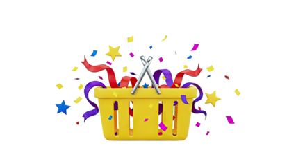 Yellow Shopping Basket with Confetti and Ribbons