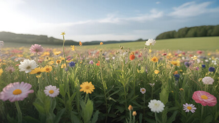 Obraz premium Vibrant wildflower meadow in full bloom under a bright summer sky with rolling green hills in the background