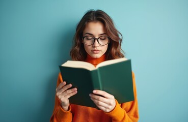Fototapeta premium Girl read book. Young woman with eyeglasses study new literature on blue background. Female student learn in orange sweater. Positive mood, happy face at home. Casual lifestyle.