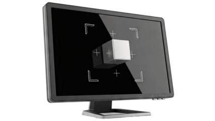 Monitor Displaying 3D Cube and Targeting Graphics