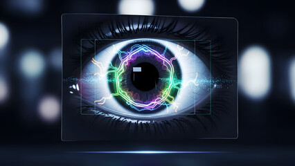 Futuristic Human Eye with Colorful Glowing Circuitry and Data Overlay