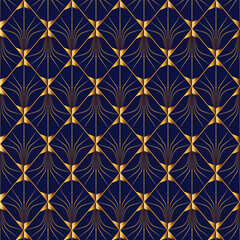 Elegant seamless Art Deco pattern featuring refined gold fan-shaped geometric lines on a deep blue background. Perfect for luxury branding, packaging, fashion, wallpaper, and premium decor