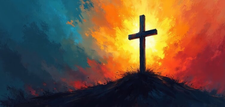 Dark cross stands on hill against bright vibrant sunset sky. Abstract art painting shows intense colors of yellow orange red blue. Hope and faith concept illustration.