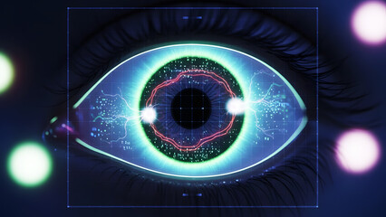 Close-Up of Human Eye with Energy Lines and Data Grids in Digital Visualization