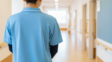 Japanese Care Worker Walking in Nursing Facility Corridor