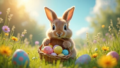 Fototapeta premium An Easter bunny holds a basket filled with colorful decorated eggs. The bunny is in a green meadow with flowers. Sunlight shines making a joyful spring scene.