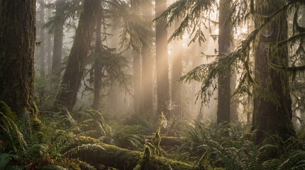 Obraz premium Misty Forest Sunrise Sunbeams Pierce Through Lush Green Canopy in Enchanting Woodland Landscape