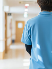 Japanese Care Worker Standing in Nursing Facility Hallway