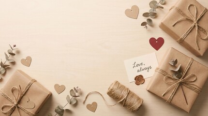 top view romantic gift boxes with love always note and eucalyptus