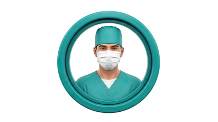 Surgeon wearing mask and cap framed in a circular border