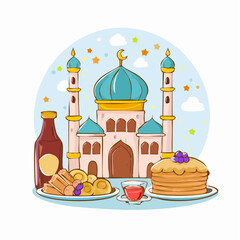 Ramadan iftar food with mosque background ramadan.
