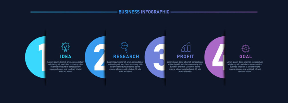 Business infographic template featuring 4 steps with icons and numbered elements on dark background. Clean and modern design suitable for business concepts