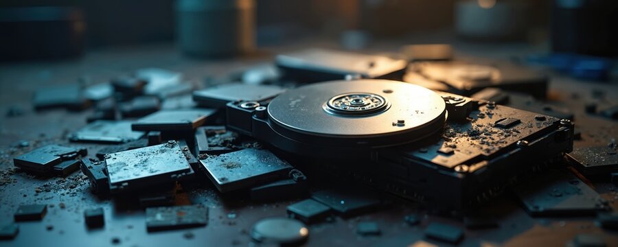 Pile of broken hard drives and computer parts scattered on gritty surface. Digital data destruction, cybersecurity breach, electronic waste. Hardware failure concept.