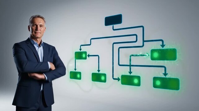 Businessman presenting flowchart diagram