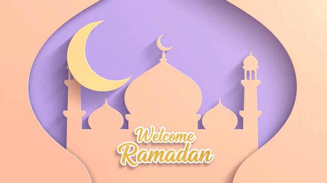 Welcome Ramadan Paper Cutout Mosque Crescent Moon Graphic
