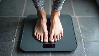 Person stands on digital scale. Feet on weigh machine. Monitoring weight progress. Health conscious female measuring body mass index. Wellness check. Tiles background.