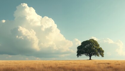 Lonely tree stands in yellow field under bright cloudy sky. Green tree grows among gold grass. Sunlight illuminates countryside. Calm natural scenery, beautiful farmland landscape evokes peaceful