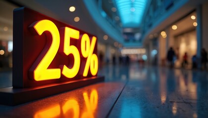Illuminated 25 percent off neon sign at shopping mall. Sale discount promotion display with glowing numbers and percent symbol. Retail sale event concept at department store.