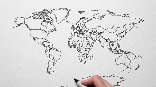Hand drawing a world map with a black marker on white paper.