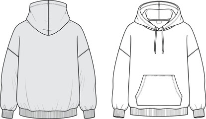 Oversized drop-shoulder hoodie flat vector template fashion sketch illustration with kangaroo pocket and elasticated ribbed cuffs and hem technical drawing.