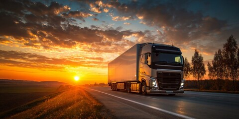 Majestic Sunset Over Highway with a Truck Transporting Goods Through Scenic Landscape of Fields and Trees Under Dramatic Cloudy Sky