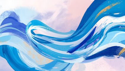 Abstract Blue Waves With Gold Glitter Accents On Pink And Purple Watercolor Background