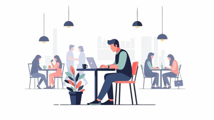 A man diligently works on his laptop at a table in a modern cafe, surrounded by other patrons.