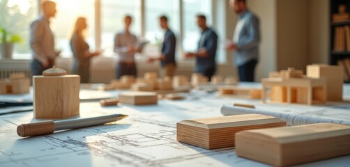 Architects review building plans and wood models on desk. Team discusses project progress in modern office with sunlight streaming through windows.