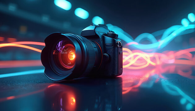 Modern camera lens glows with vibrant neon light trails. Dynamic abstract background suggests speed action photography and digital art creation.
