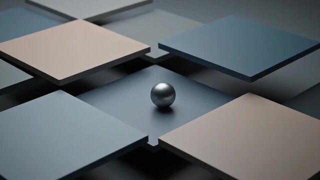 A minimalist 3D animation showcasing a reflective silver sphere centered on a grid of moving square platforms.
