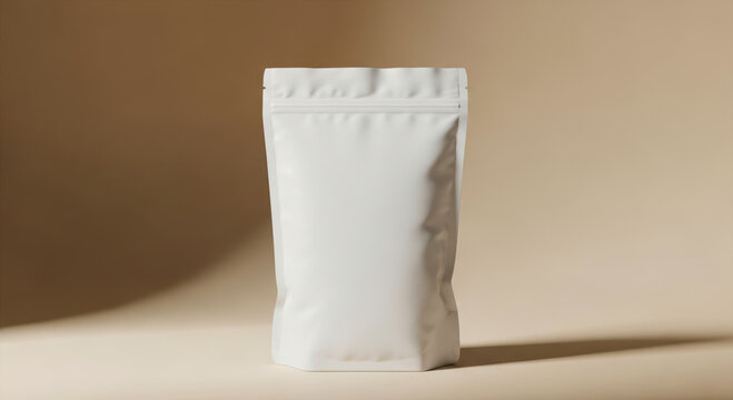 Isolated mockup of white doypack on pastel background. Blank foil pouch bag. Clean product template, zip lock container for food, cosmetic goods