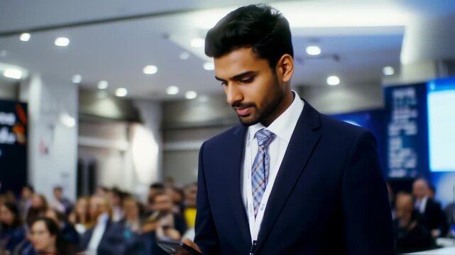 A formally dressed man, attending a conference, looks down at his phone with a serious expression