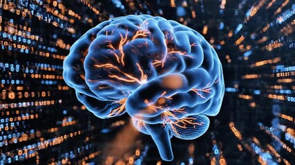 A futuristic digital illustration of a glowing blue brain with vibrant orange and red neural connections against a backdrop of binary code and digital rays - Powered by Adobe