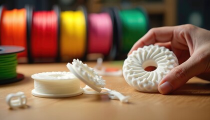 Close up photo shows 3d printed objects with different color filaments spools. A hand holds one model. Concept of rapid prototyping or additive manufacturing in workshop.