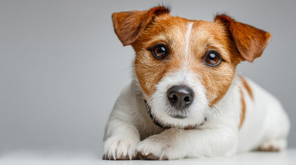 Adorable Jack Russell terrier resting on light gray — perfect for pet blogs, adoption sites, animal welfare content, and lifestyle branding celebrating companionship, loyalty, and playful charm.


