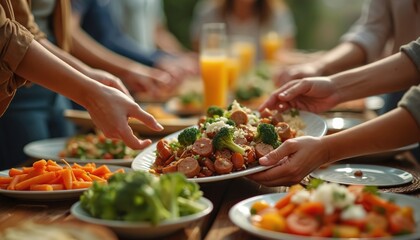 People exchange plates with healthy food during party. Family serve delicious food. Concept of gathering for healthy organic lunch. Friends at table with many different dishes at a potluck